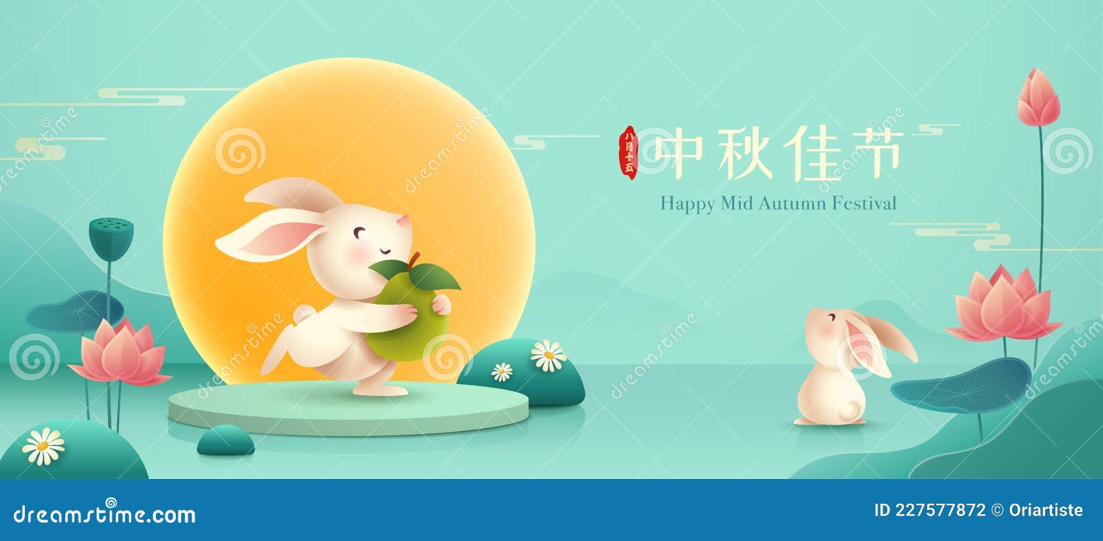 3d  of mid autumn mooncake festival theme with cute rabbit character on podium and paper graphic style of lotus lily p